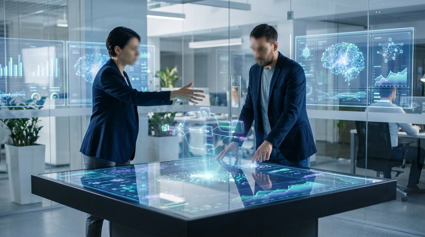 Deux professionnels travaillant sur une table interactive avec des données CRM holographiques dans un bureau moderne.