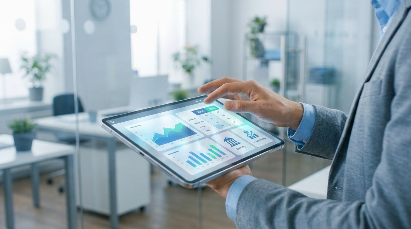 Un professionnel en costume utilisant une tablette tactile affichant des graphiques financiers dans un bureau moderne.