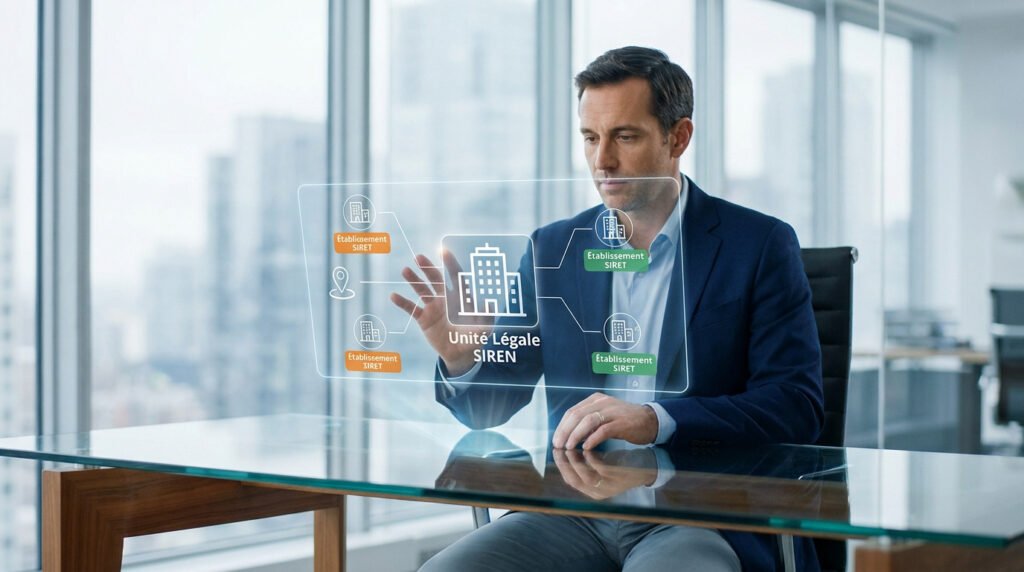 Un homme en costume manipule une interface numérique holographique illustrant le lien entre unité légale et établissements.