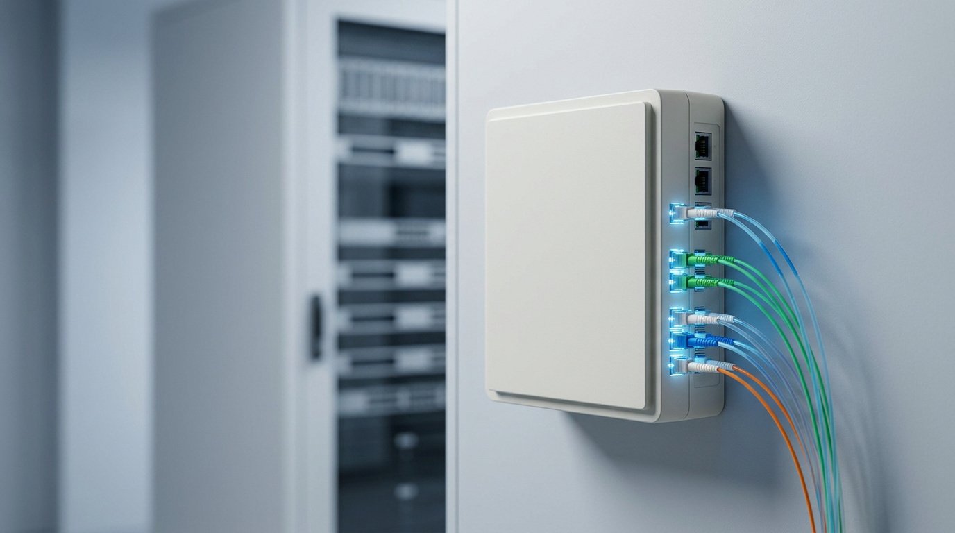 Boîtier mural blanc avec des câbles fibre optique colorés connectés et éclairés, installé dans une salle serveur.