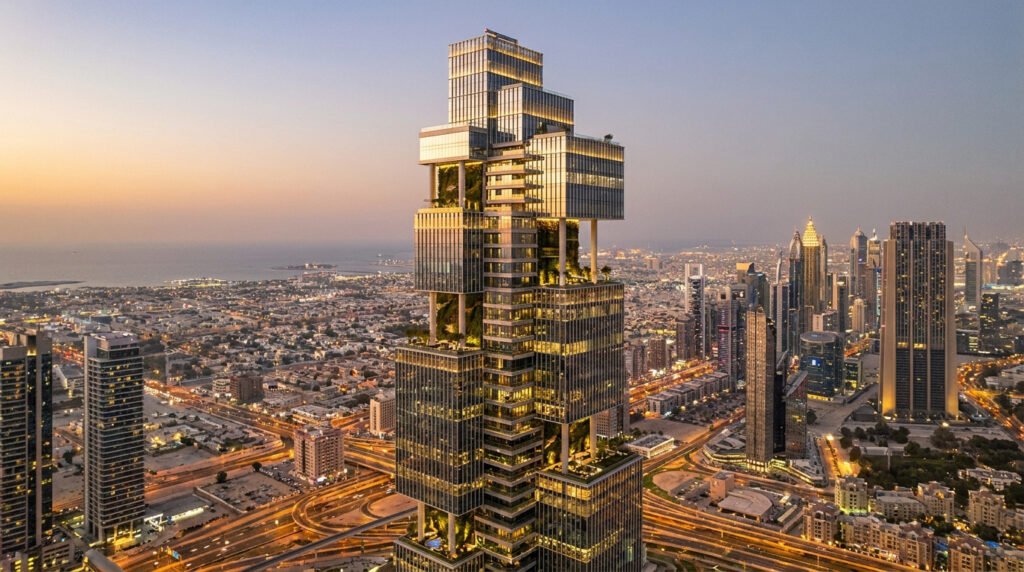 Vue aérienne au coucher du soleil d'un gratte-ciel moderne et asymétrique surplombant une ville dense.