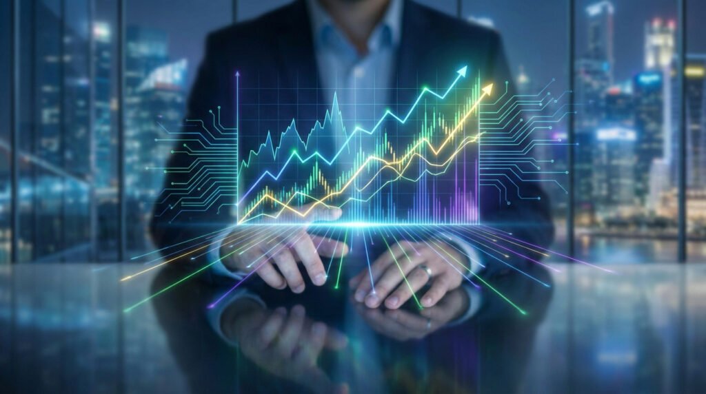 Un homme d'affaires interagissant avec un graphique financier numérique holographique devant une ville illuminée.