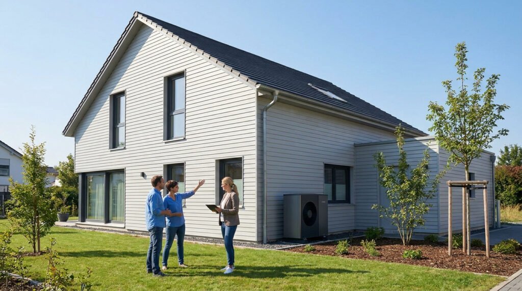 Un couple discutant avec une experte devant leur maison moderne équipée d'une pompe à chaleur.