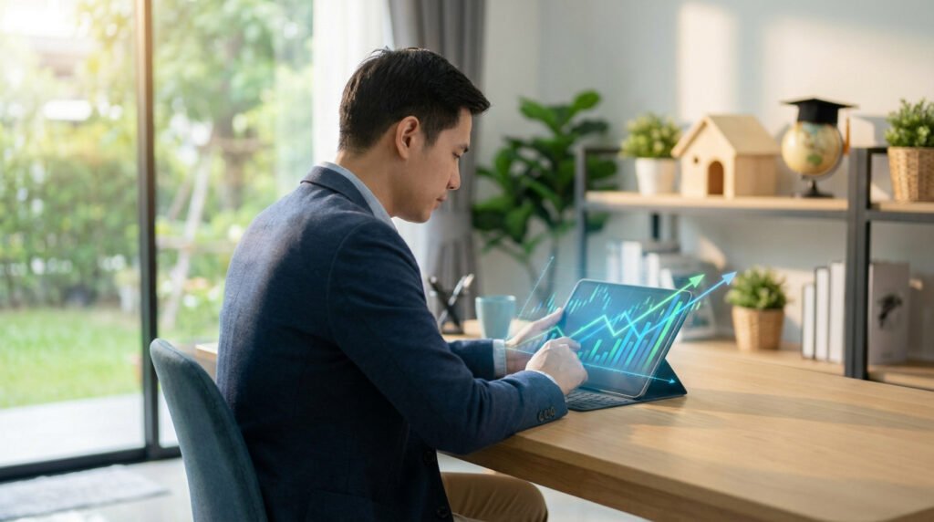 Un homme en costume utilisant une tablette affichant des graphiques de croissance financière en réalité augmentée.