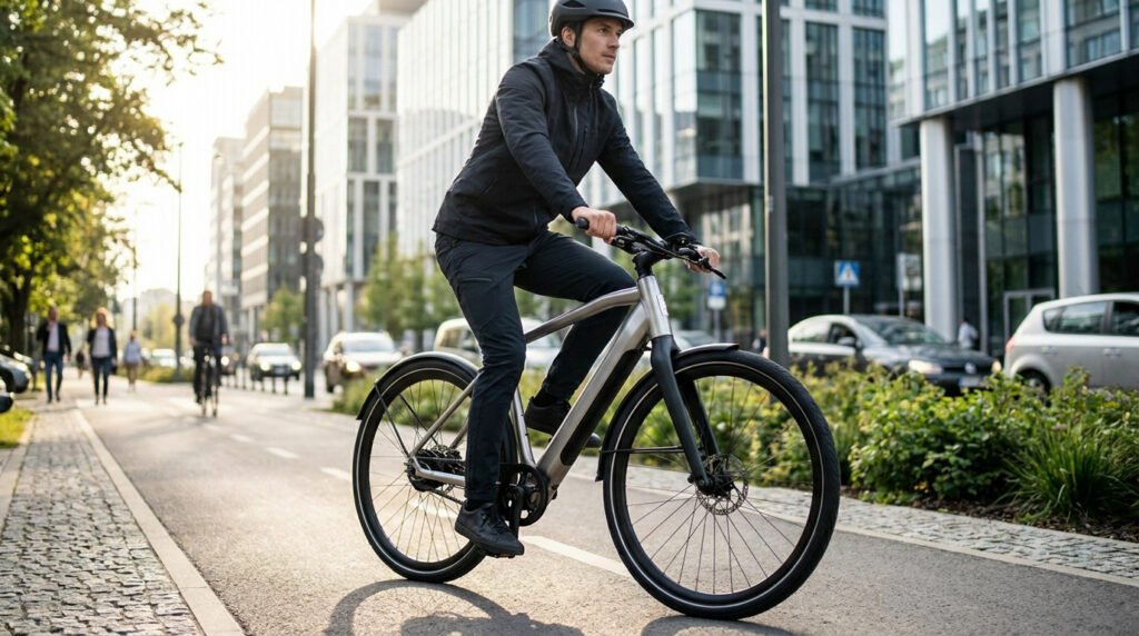 Un cycliste portant un casque roule sur un vélo électrique épuré dans une rue urbaine moderne ensoleillée.
