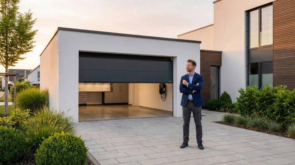Un homme en costume devant son garage moderne et aménagé, équipé d'une borne de recharge pour véhicule électrique.