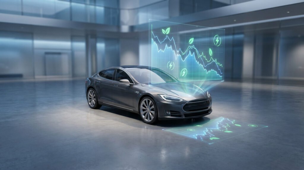 Tesla grise moderne dans un hall avec des graphiques financiers holographiques montrant des icônes d'énergie verte.